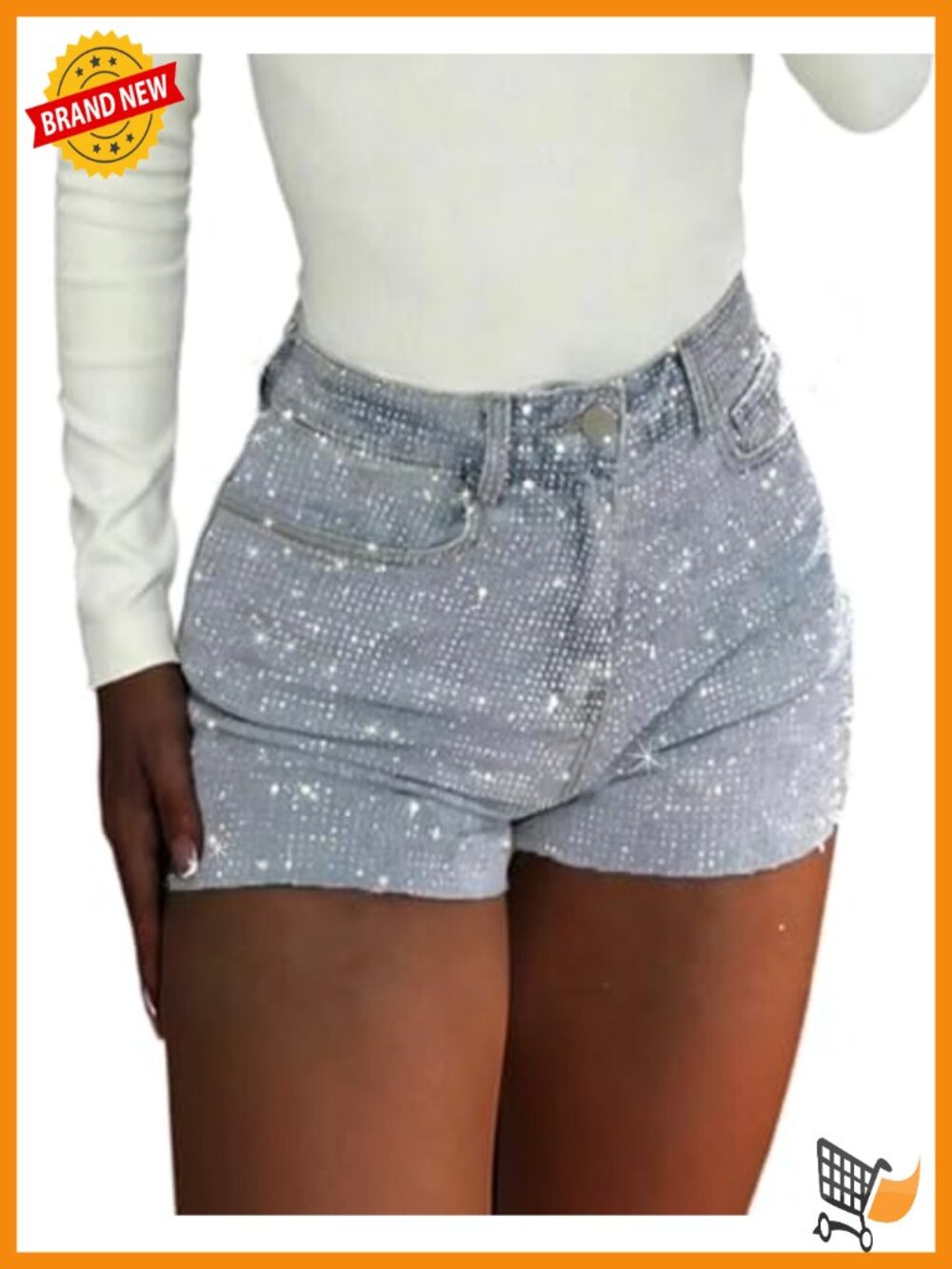Rhinestone High Waisted Denim Shorts Sparkly Glitter Streetwear